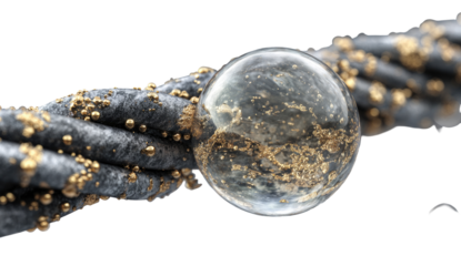 Abstract image of a transparent sphere nestled within a textured, interwoven gray and gold fiber