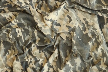 Texture of Dark green pixel camouflage military uniform textile cloth with folds