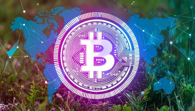 Bitcoin graphic over world map - Powered by Adobe