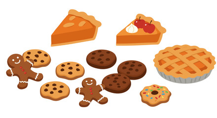 Desserts arranged pumpkin pie slices latticecrust pie gingerbread men chocolate chip cookies and a sprinkled donut
