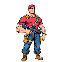 Vsai muscular soldier holding assault rifle, ready for combat