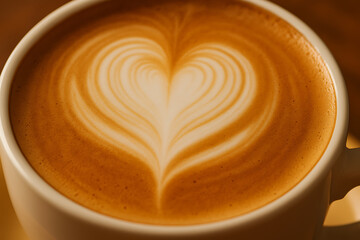 A warm cup of latte with heart-shaped milk foam art, blending rich coffee aroma and creamy texture, symbolizing comfort and love.