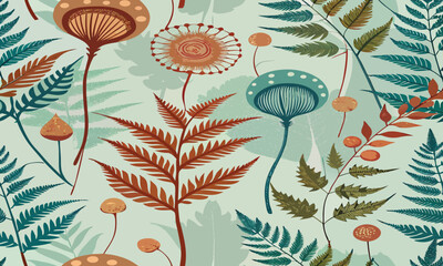 Obraz premium Vintage botanical repeat. stylized ferns and seed pods with subtle distress mask, vector repeat, palette.