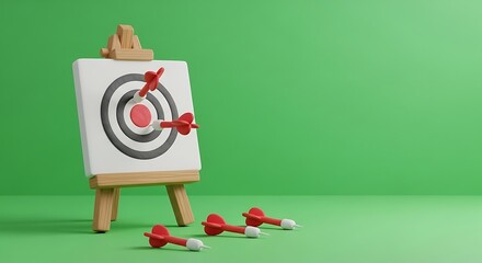 Obraz premium Hitting the bullseye a 3D illustration of darts aimed at a target board set on an easel, symbolizing success, precision, and achieving goals with a clear green background
