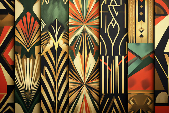 Fototapeta Elegant traditional art deco pattern wallpaper designs in gold black and red variations created with generative ai