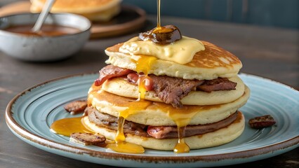 Delicious Classic Beef And Cheese Breakfast Pancake Drizzled With Golden Honey, Soft And Fluffy With A Savory-Sweet Twist, A Unique Morning Meal Full Of Comfort And Flavor