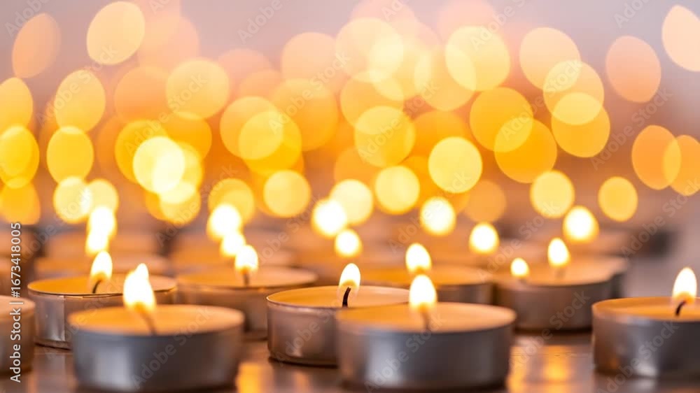 Poster multiple small lit candles with soft golden bokeh background create a warm and peaceful atmosphere