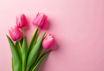 Beautiful composition spring flowers. Bouquet of pink tulips flowers on pastel pink background. Valentine's Day, Easter, Birthday, Happy Women's Day, Mother's Day. Flat lay, top view, copy space See L