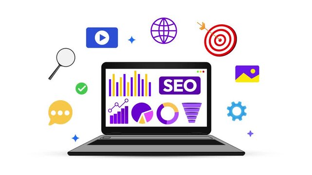 SEO concept with graphs, results, organic ranking showing on the laptop screen, 4k animation.