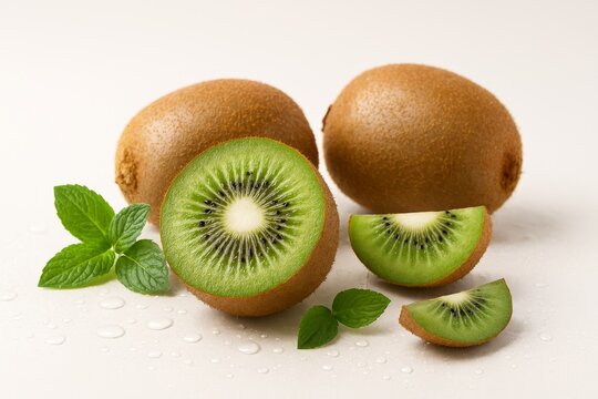 Fresh, vibrant kiwis with refreshing mint leaves and water droplets on white.