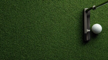 Obraz premium Golf putter and ball on green grass aerial view sports equipment still life golf course ad