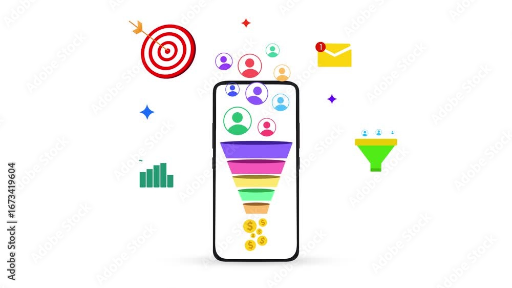 Poster smartphone showing leads and conversions concept 4k animation with goals, target and emails floating