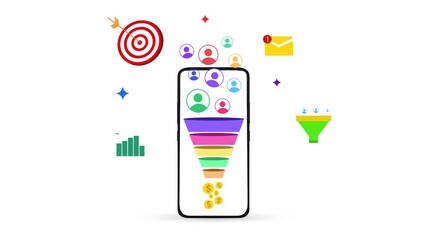 Smartphone showing leads and conversions concept 4k animation with goals, target and emails floating around it