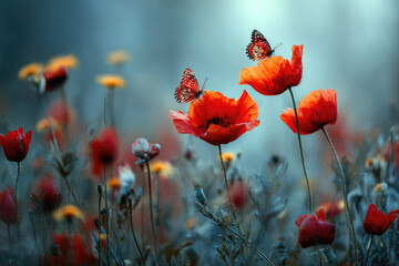Obraz premium Beautiful wildflowers, daisies, and butterflies in the morning mist of nature. A delightful, airy artistic image of the beauty of summer nature