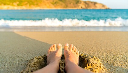 Bare feet on a sandy beach, ocean view