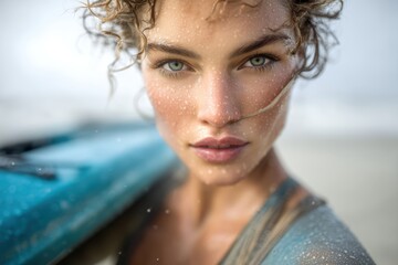 A dynamic and vibrant portrait of a surfer showcasing the excitement of ocean spray