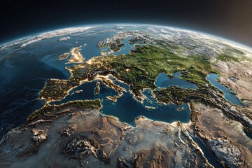 Satellite view of Europe, showcasing diverse terrain, coastlines, and landmasses