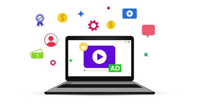 Video monetizing concept 4k animation with a laptop on the screen and floating infographics around it