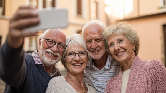 Four senior adults smiling and taking a selfie outdoors. They are in a narrow street with buildings in the background. The group includes two men and two women.