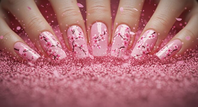 A detailed close-up of a woman's hands showcasing an elegant pink manicure with a delicate cherry blossom or sakura nail art design, resting on sparkling powder