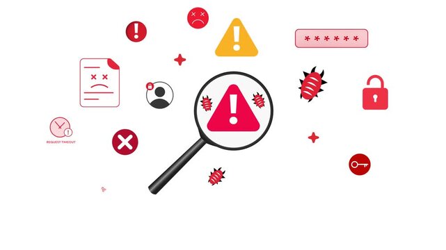 Virus and error scanning with magnify glass on the white backdrop, 4k animation. Threat, alerts, scams
