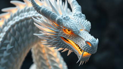 Close-up of a majestic, glowing white dragon head