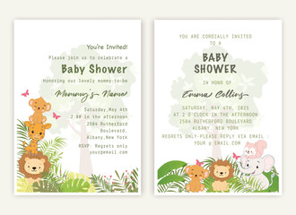 Cute baby shower invitation with safari animals, giraffe, elephant, toucan, and tropical leaves.