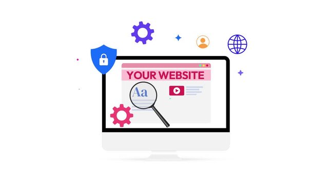 Website building process infographics showing on the LCD screen 4k animation. Development, programming, seo.