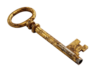 Antique key, gold toned, isolated