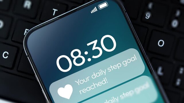 Your daily step goal reached email notification, 4k footage. Fitness alert, walking, gym, smartphone, futuristic, tech.