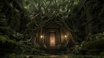 Ancient temple overgrown with vines in mysterious forest setting.
