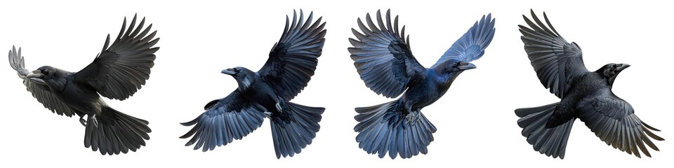 Fototapeta premium Stunning collection showcasing four ravens in dynamic flight, emphasizing their grace and striking features, white background for nature lovers.