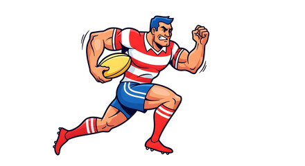 Dynamic illustration of a powerful rugby player in action, sprinting with the ball across the field, showcasing strength and determination in a high-energy sporting event