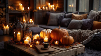Obraz premium Cozy autumn setting with candles and pumpkins on a warm, inviting table.