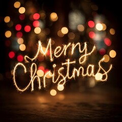 Warm festive Christmas scene with the glowing handwritten neon style text &lsquo;Merry Christmas&rsquo; in bright golden orange lights. Soft bokeh background with colorful blurred holiday lights, creating a cozy,