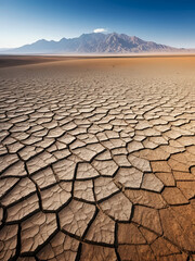 Vast desert landscape featuring cracked earth and towering mountain range