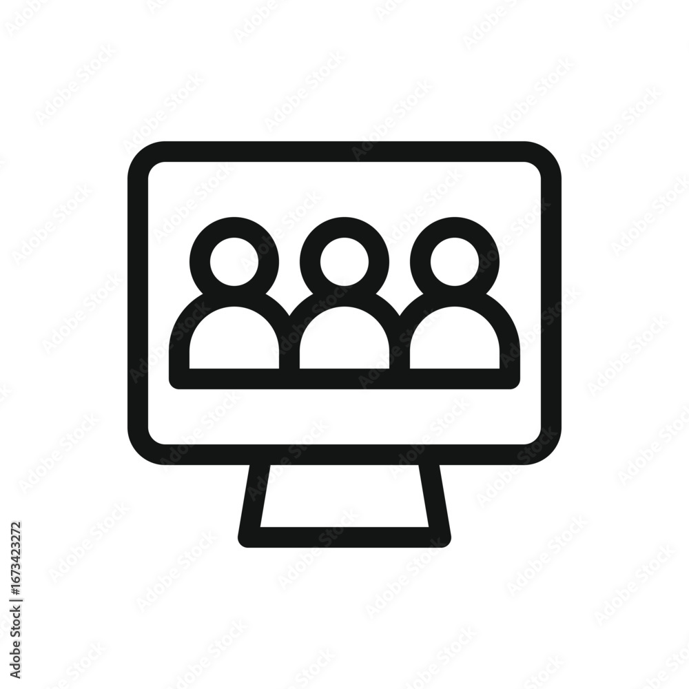 Poster queue management system outline icon, desktop monitor with people line vector symbol with editable s