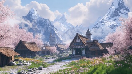 Alpine village in spring bloom snow-capped peaks and blossoming cherry trees