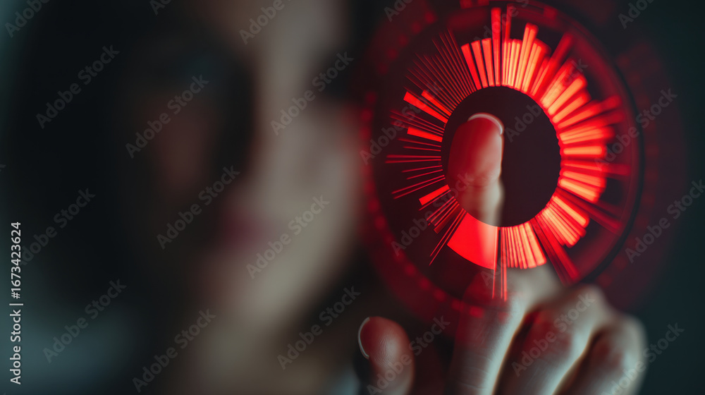 Poster person interacts with futuristic digital interface, showcasing glowing red circular display with rad