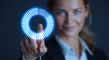 Businesswoman interacts with digital interface, touching glowing circular display. scene conveys innovation and technology, highlighting connection between human and digital elements