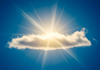 Intense sun rays with lens flare emerging from a cloud in a vibrant blue sky, dramatic light.