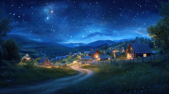 Starry night over rural village winding path, cozy cabins, and distant mountains