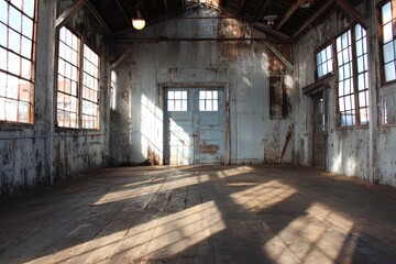Sunlit, dilapidated warehouse interior; aged wood floors and walls