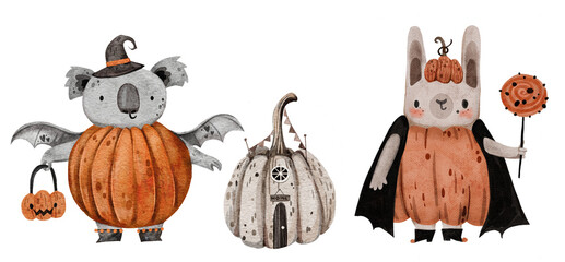 Cite watercolor hand drawn halloween characters in playful cheerful style. Pumpkin trick or treat invitation, poster decoration isolated on white background.