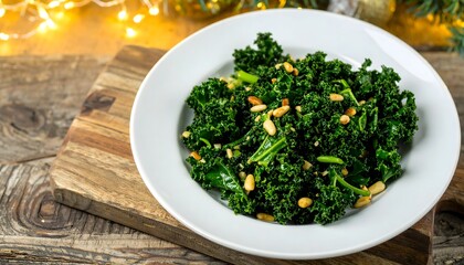Fototapeta premium Fresh Kale Salad with Pine Nuts on Wooden Board in Warm Setting