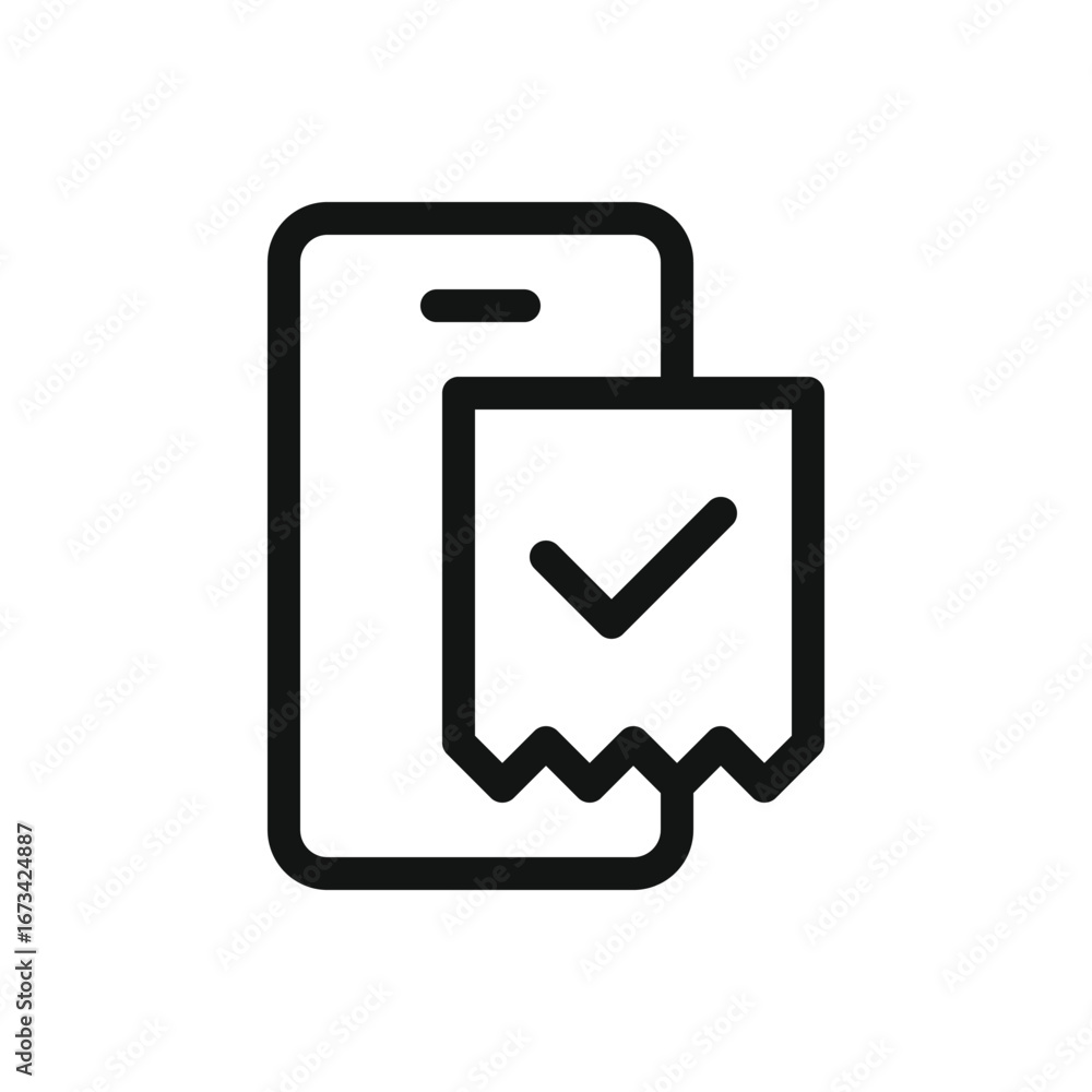 Poster mobile phone app with paper receipt outline icon, virtual queuing system line vector symbol with edi