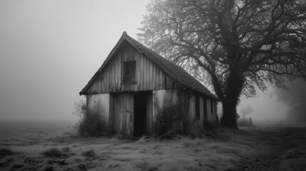 Obraz premium Rustic barn in foggy landscape beside a large tree, creating an eerie, mysterious atmosphere.