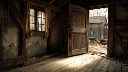 Rustic wooden interior with open door leading to a sunlight outside view.