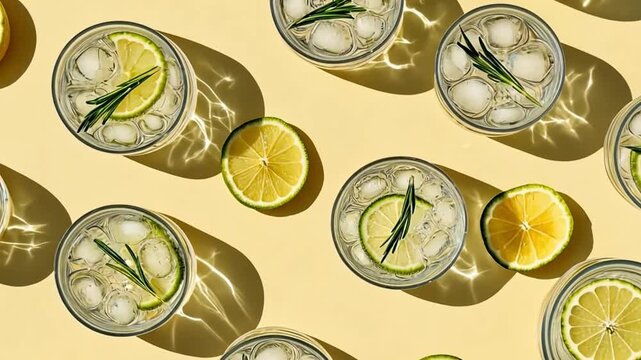 A flat lay of refreshing cocktails with ice, lemon slices, and rosemary on a yellow background. The drinks are served in clear glasses.