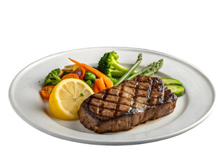 Grilled Steak With Steamed Vegetables and Lemon Wedge on White Plate beef meat